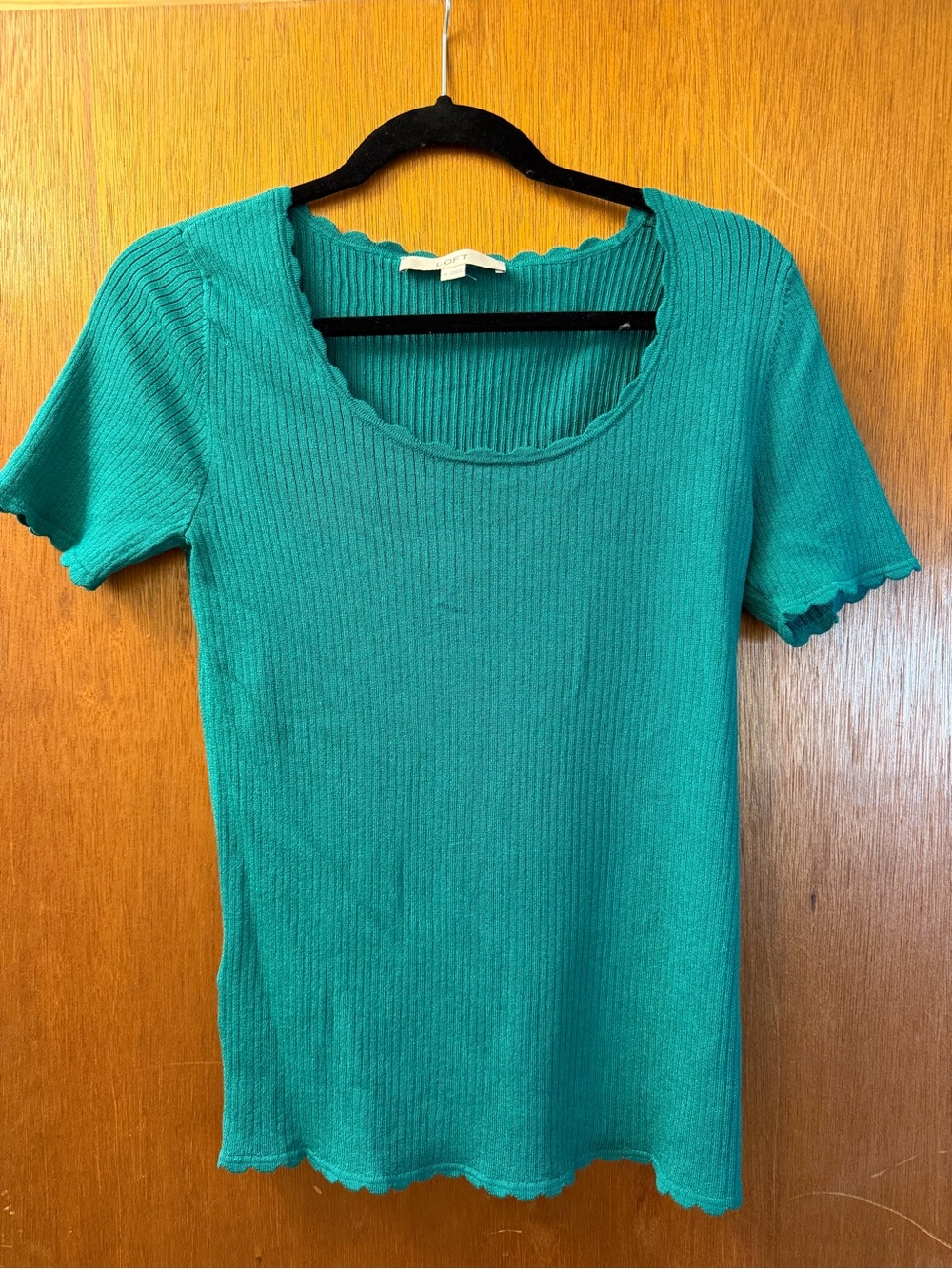 LOFT Teal Ribbed Short Sleeve Scoop Neck Top